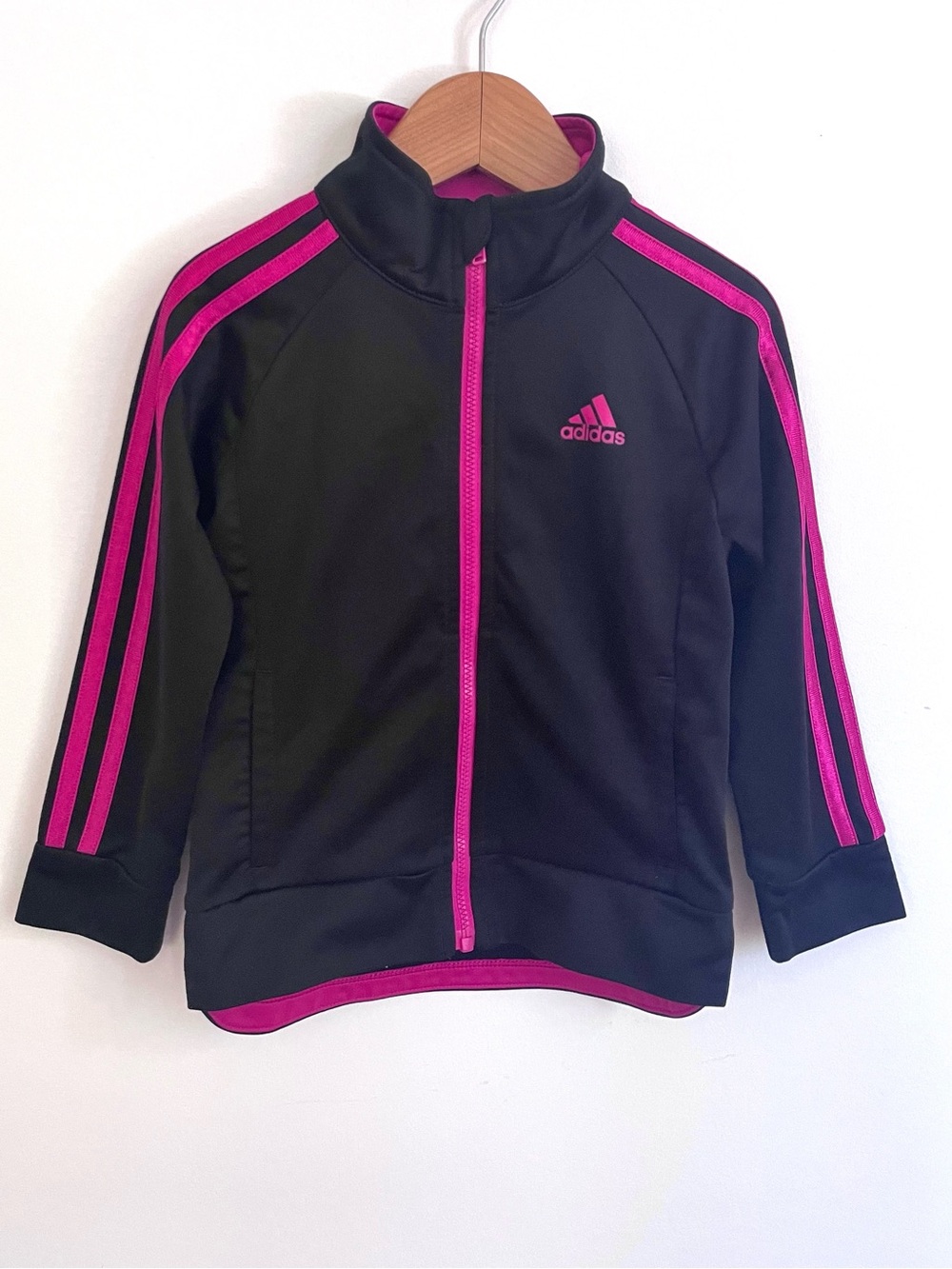 $8 💥Adidas Tricot Track Jacket Zip-Up Sweatshirt, Black & Pink Stripes, Pockets
